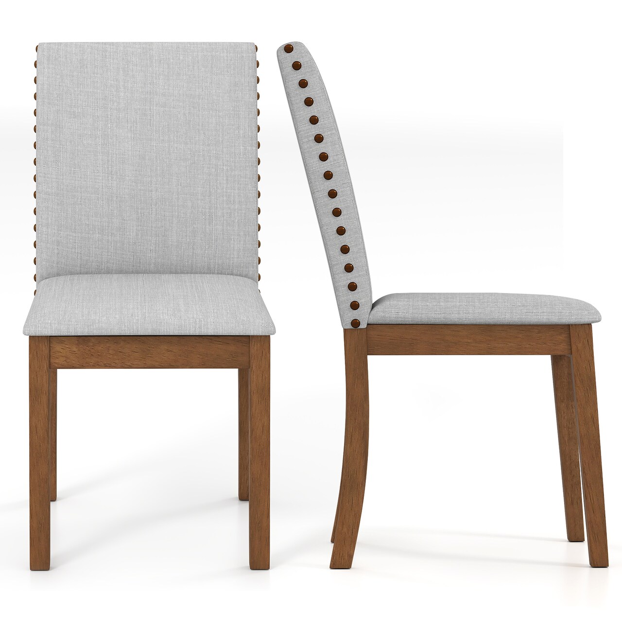 Rubber Wood Linen Fabric Dining Chairs Set of 2 with Nail Head Trim and Cushioned Seats